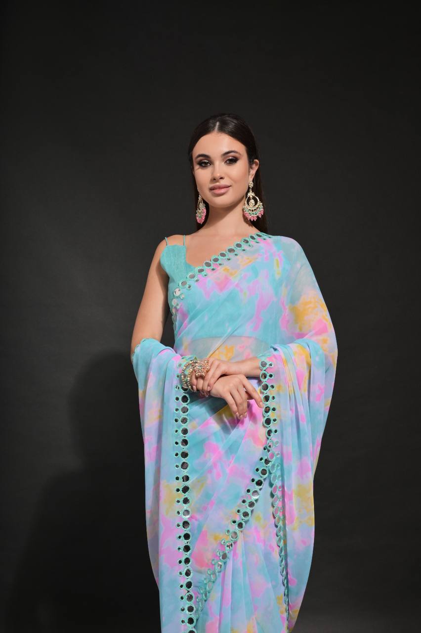 Sky Blue Fancy Chiffon Silk Saree With Prizam Printed Work And Foil Mirror Work Border