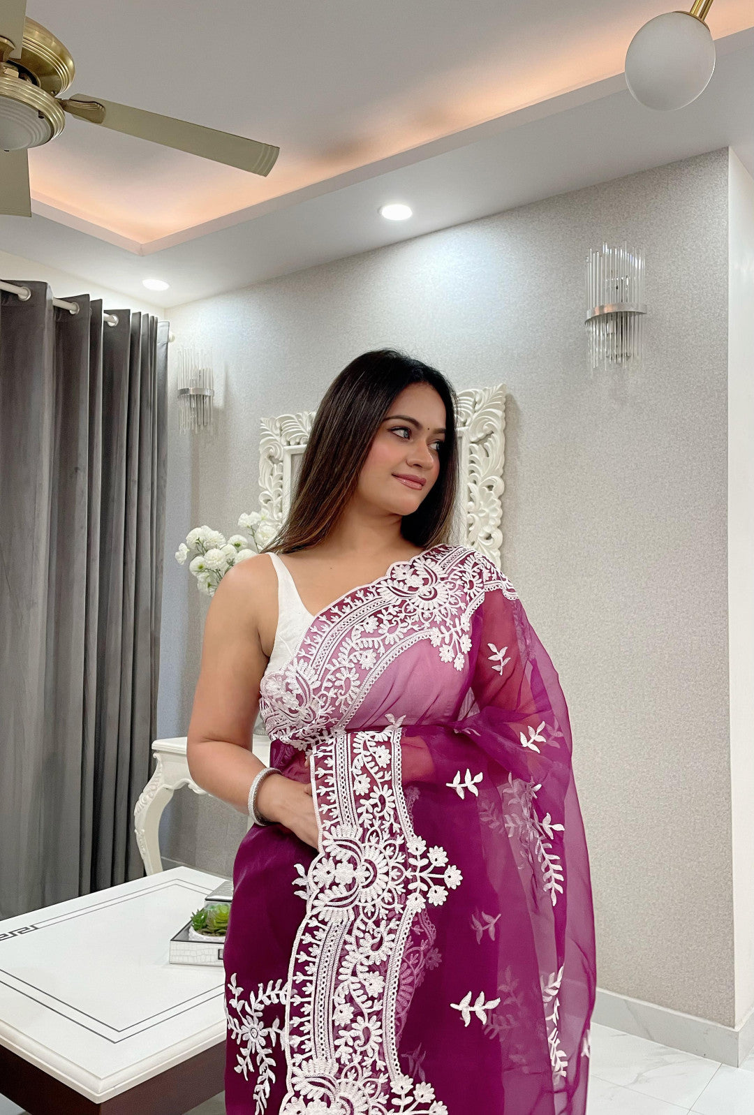 Organza Silk Saree With Embroidery Work