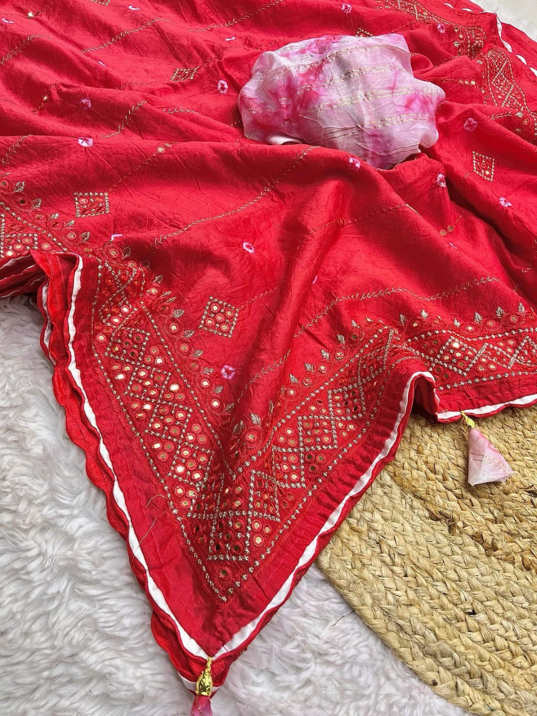 Red Soft Cotton Saree With Mirron & Thread Work