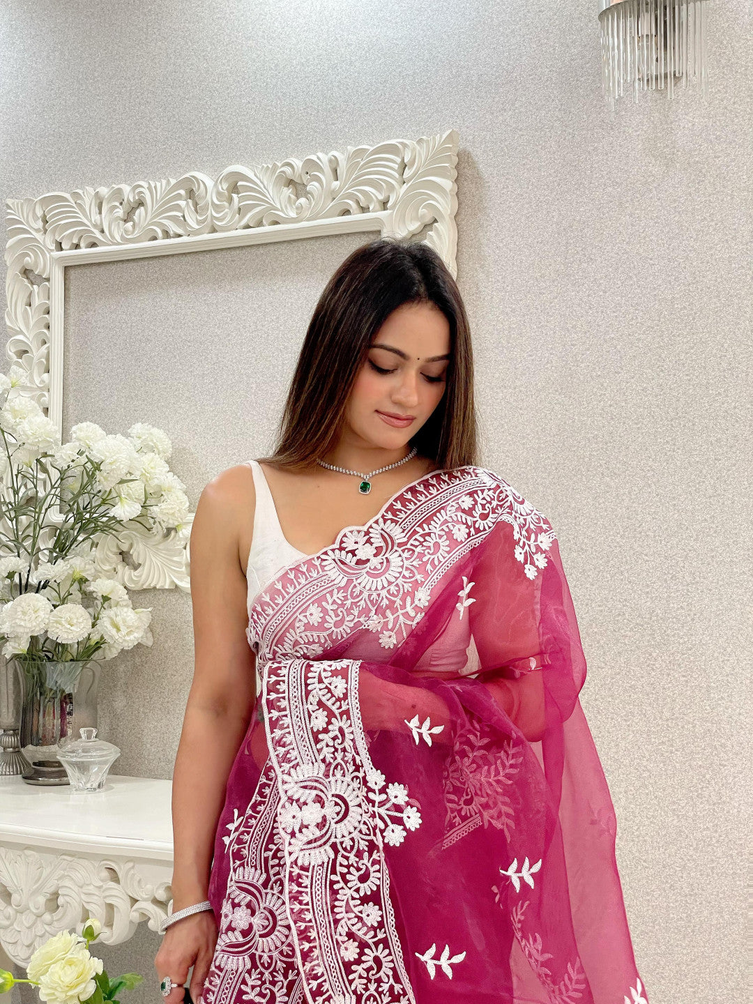 Organza Silk Saree With Embroidery Work