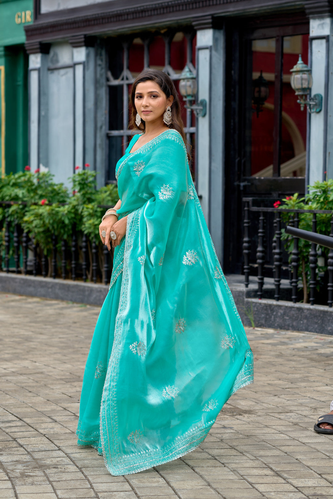 Sky Blue Fancy Shimmer Chiffon Saree With Embroidery Work