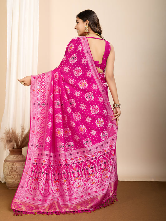 Pink Traditional Muslin Dola Silk Saree With Meenakari Zari Weaving Work