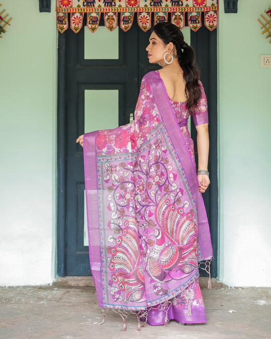 Pink Soft Linen Cotton Saree With Kalmkari Digital Printed Work