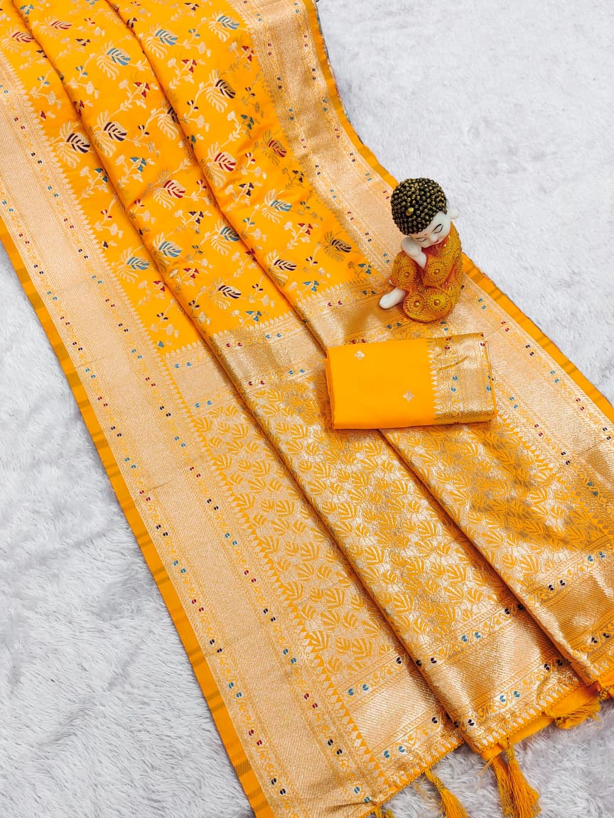 Yellow Premium Banarasi Silk Saree With Meenakari Zari Weaving Work