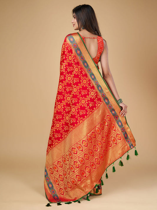 Red Color Patola Silk Saree With Zari Weaving Work