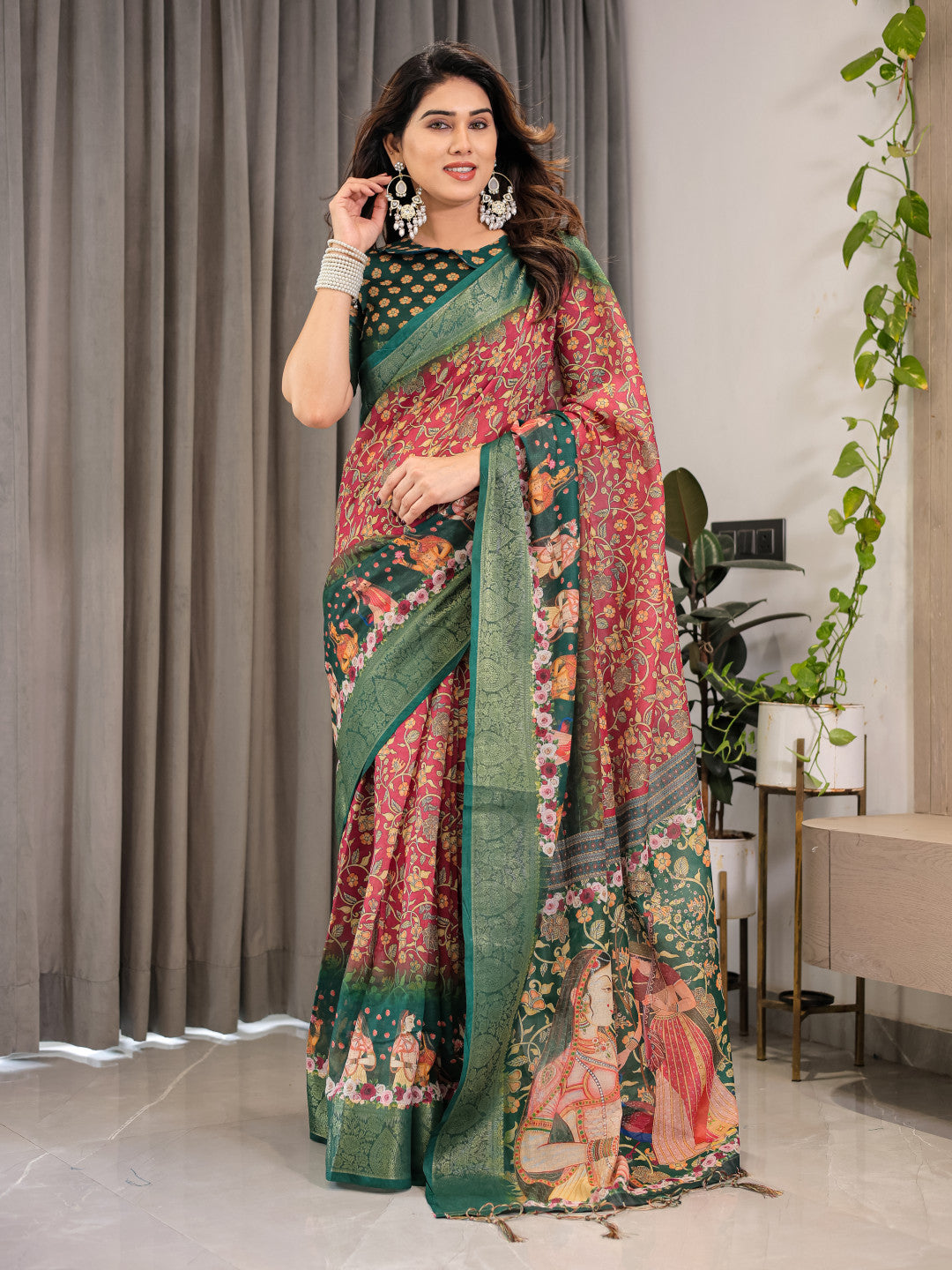 Multi Kalamkari Digital Printed Linen Cotton Saree