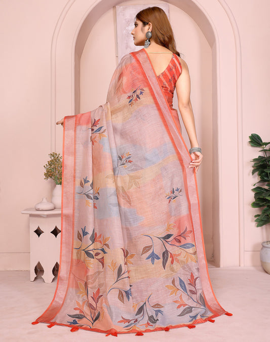 Multi Linen Cotton Saree With Digital Printed Work And Silver Zari Border