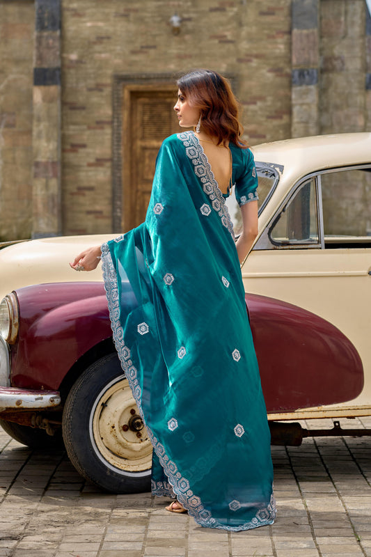 Rama Green Fancy Shimmer Chiffon Saree With Embroidery Work