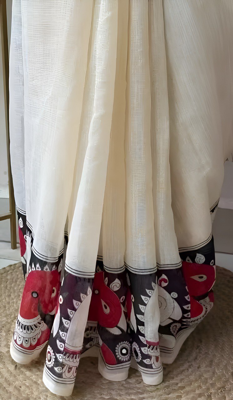 Off White Colour Chanderi Cotton Saree With Digital Printed Work