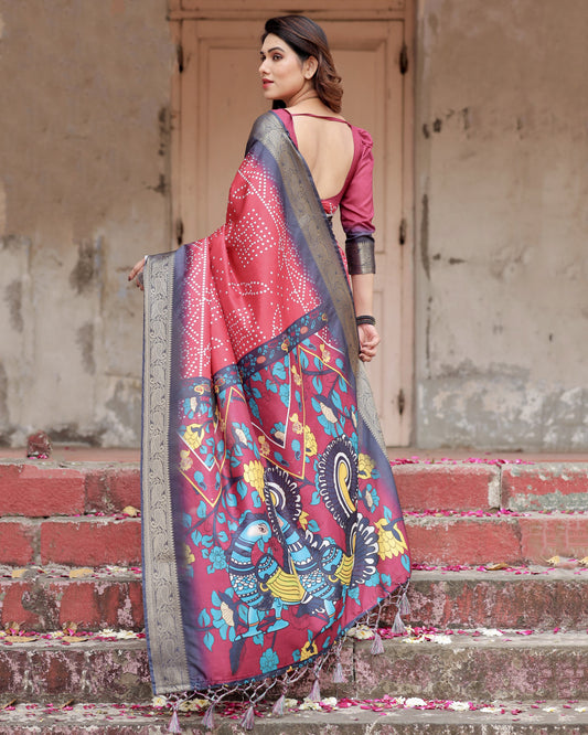 Pink Kalamkari Digital Printed Dola Silk Saree With Gold Zari Border