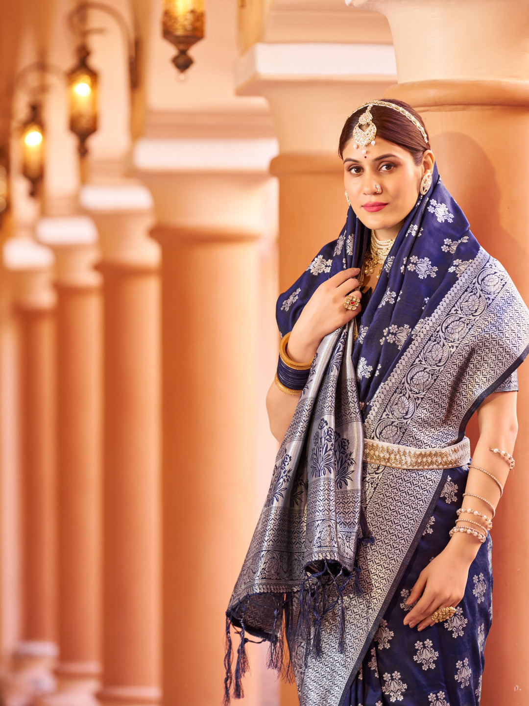 Navy Blue Color Soft Banarasi Silk Saree With Zari Weaving Work