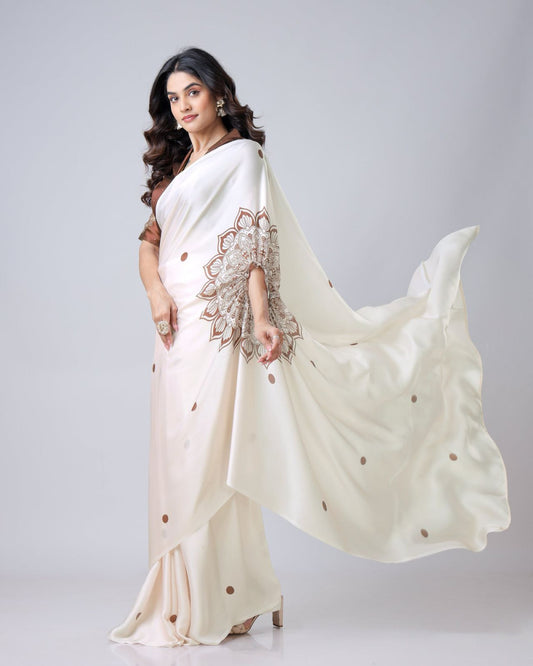Cream Fancy Satin Georgette Ready To Wear Saree With Freehand Printed Work