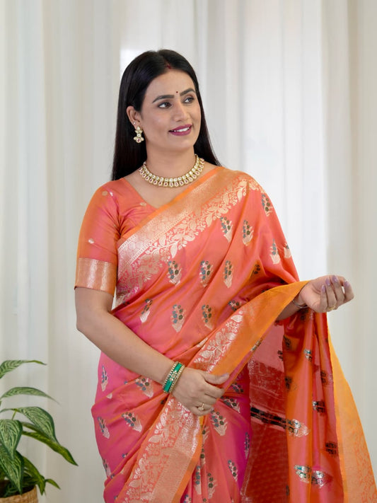 Peach Pure Soft Banarasi Saree With Meenakari Weaving Work