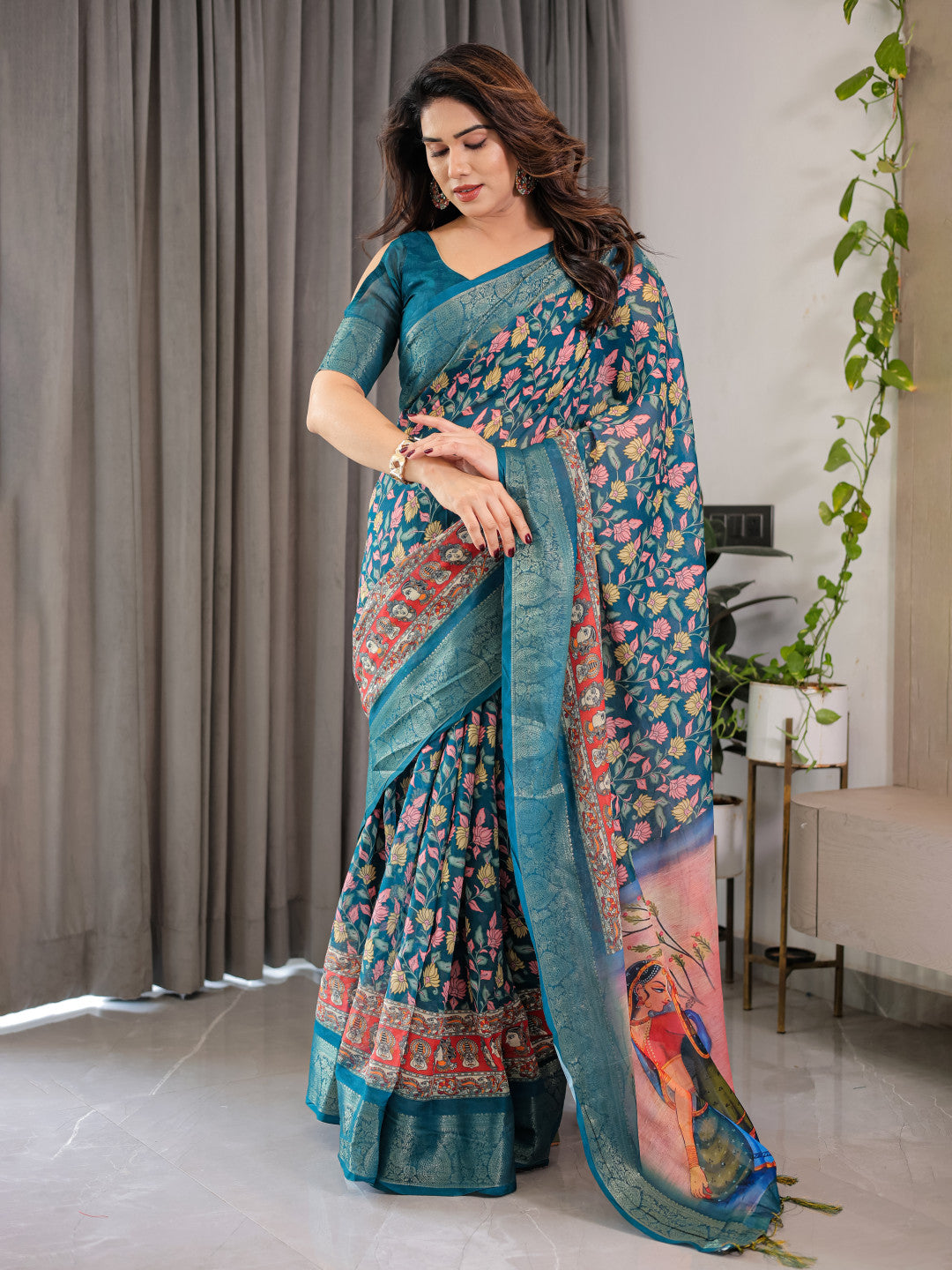 Multi Kalamkari Digital Printed Linen Cotton Saree