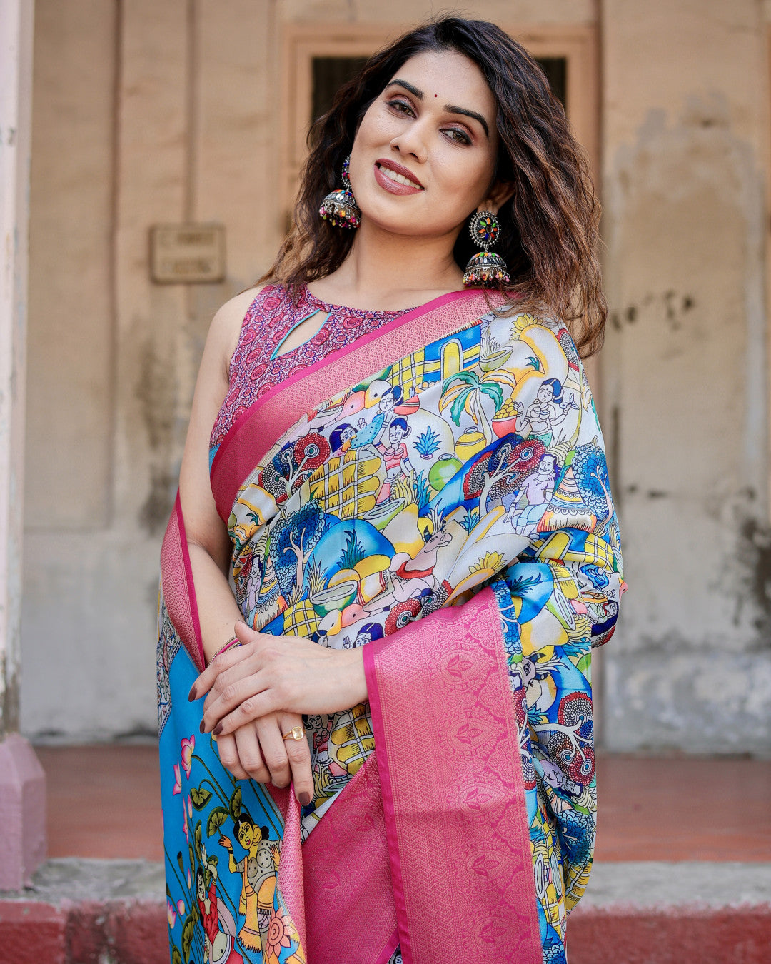 Multi Fancy Kalamkari Digital Printed Tussar Silk Saree