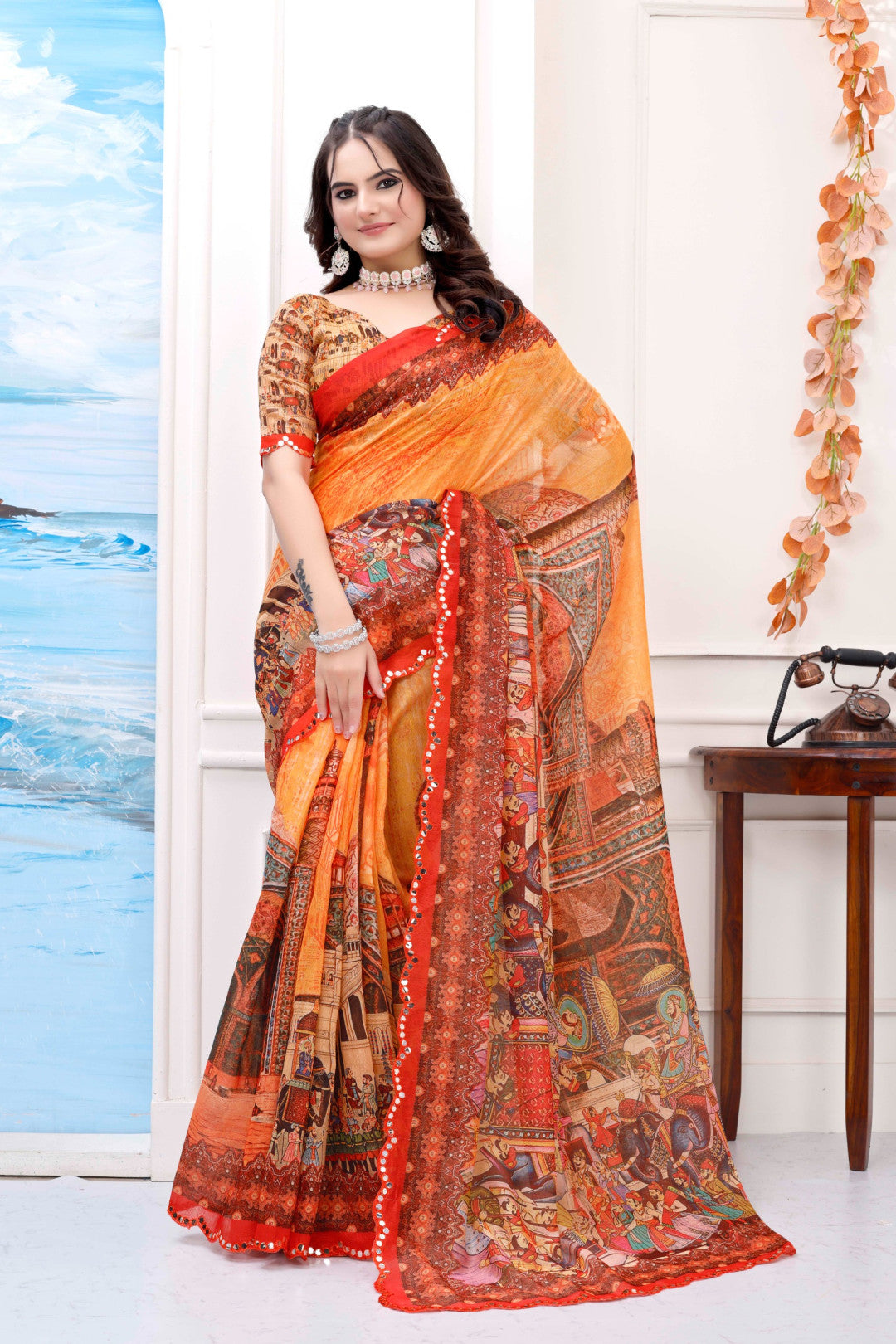 Fancy Multi Kalamkari Printed Chanderi Cotton Saree With Mirror Cutwork Border