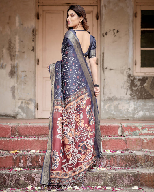 Blue Kalamkari Digital Printed Dola Silk Saree With Gold Zari Border