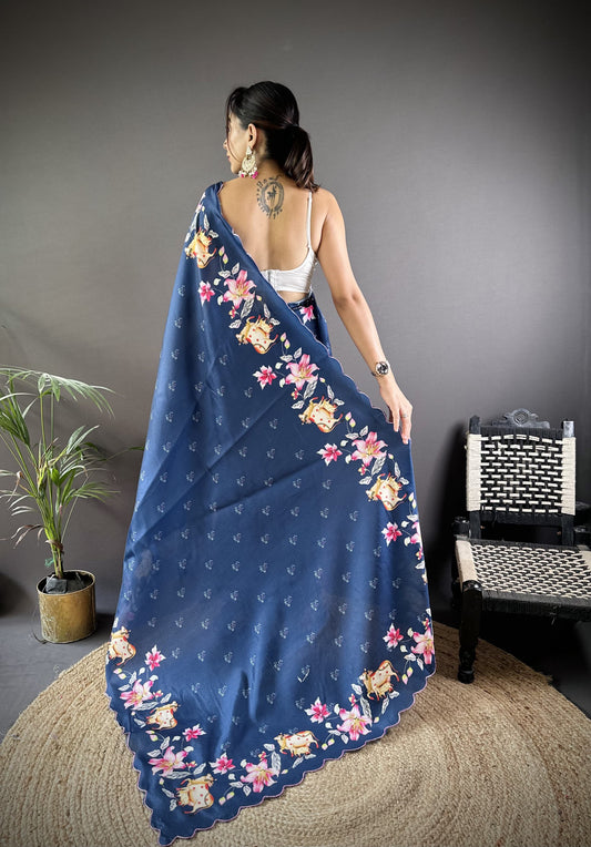 Blue Gadhwal Silk Saree With Pichwai Print And Embroidery Cut Work