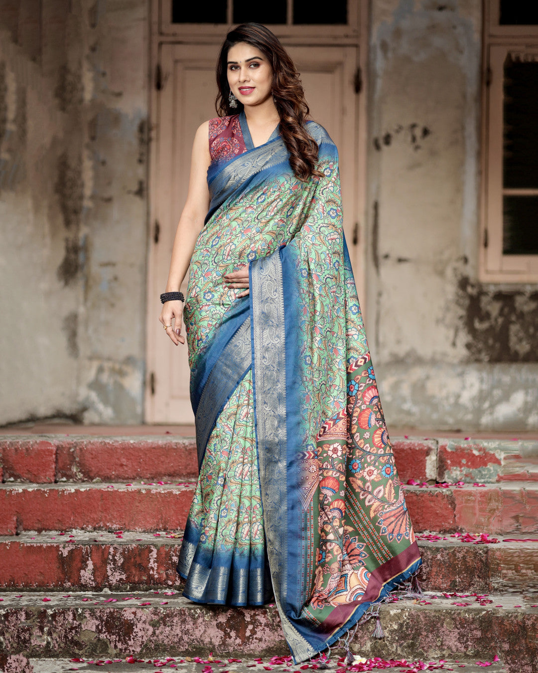 Pista Green Kalamkari Digital Printed Dola Silk Saree With Gold Zari Border