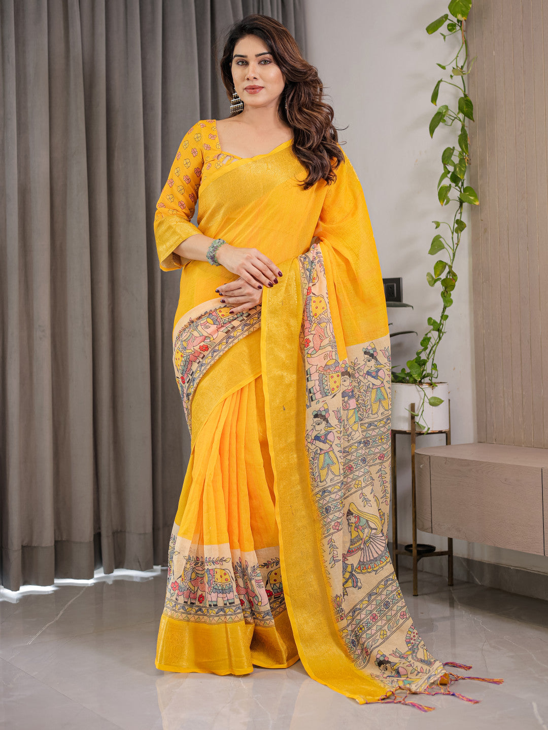 Yellow Kalamkari Digital Printed Linen Cotton Saree