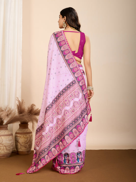 Pink Fancy Muslin Cotton Saree With Digital Printed Work