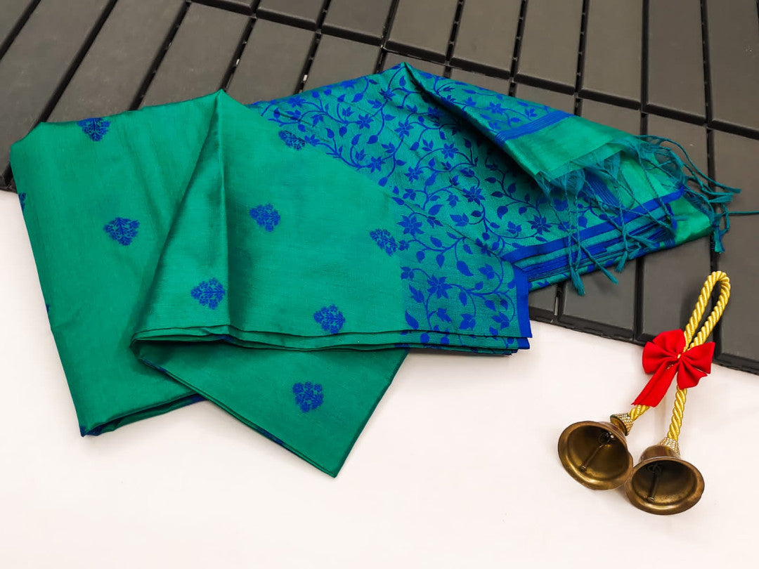 Rama Green Color Khadi Raw Silk Saree With Jamdani Weaving Border