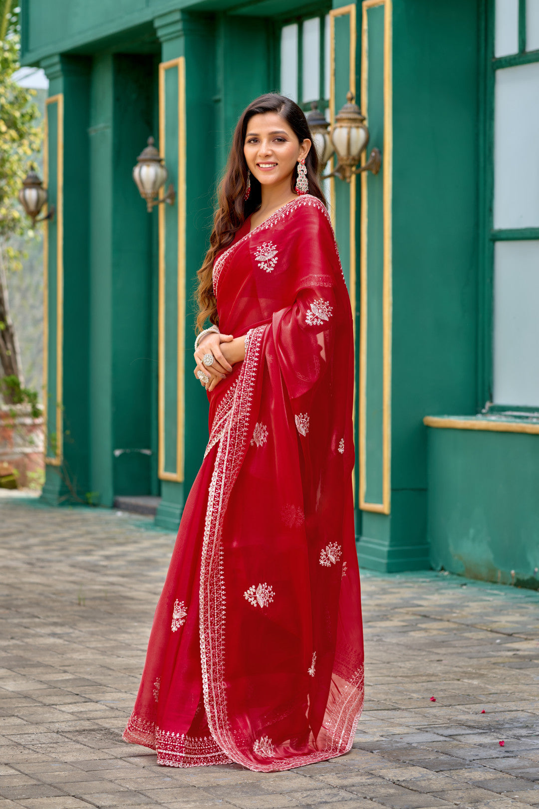 Red Fancy Shimmer Chiffon Saree With Embroidery Work
