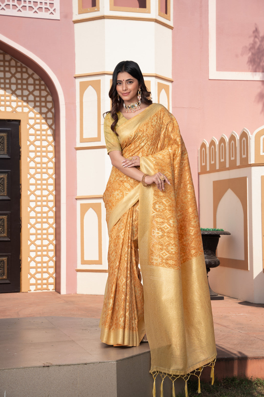 Yellow Cotton Ikkat Silk Saree With Zari Woven Work
