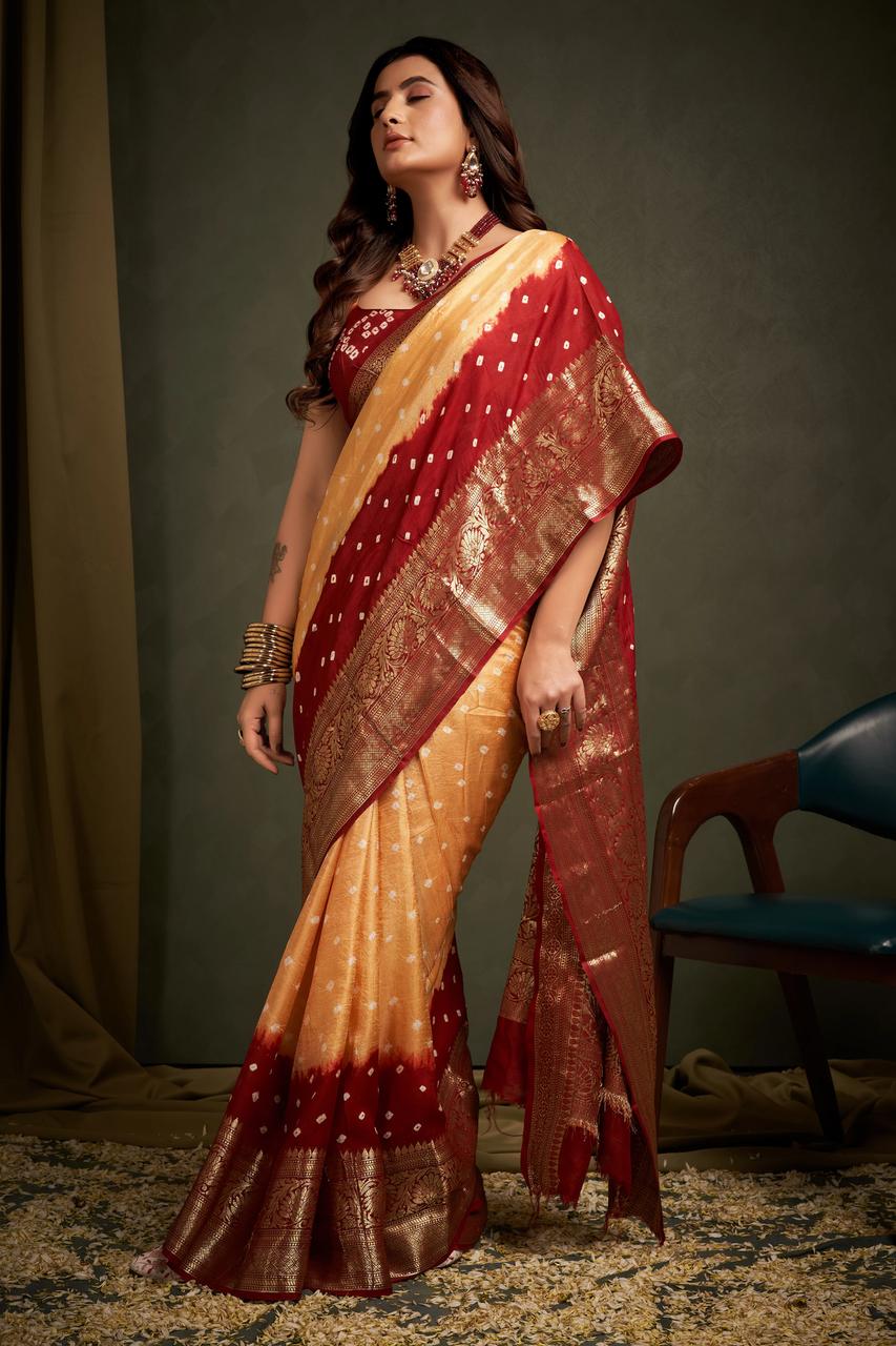 Hand Bandhej Bandhani Saree With Zari Border