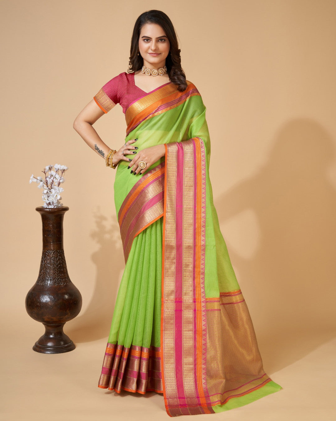 Parrot Green Color Kota Doriya Saree With Zari Weaving Work