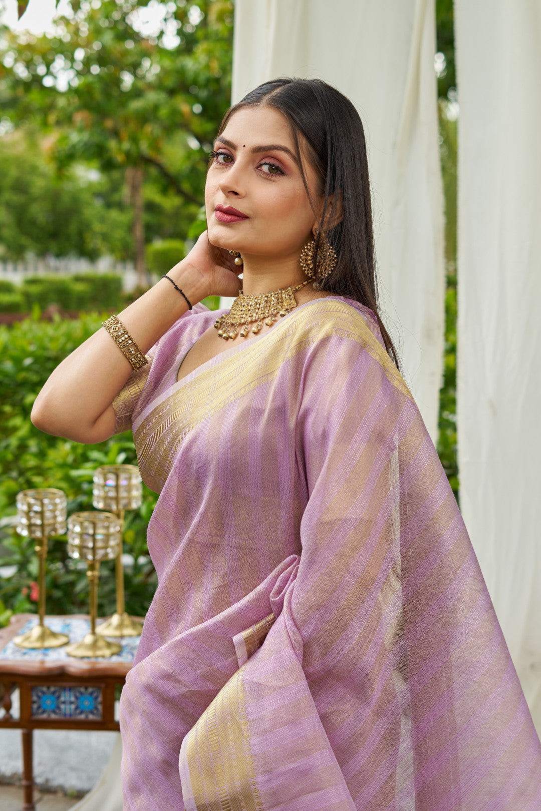 Lavender Colour Linen Cotton Saree With Zari Weaving Border