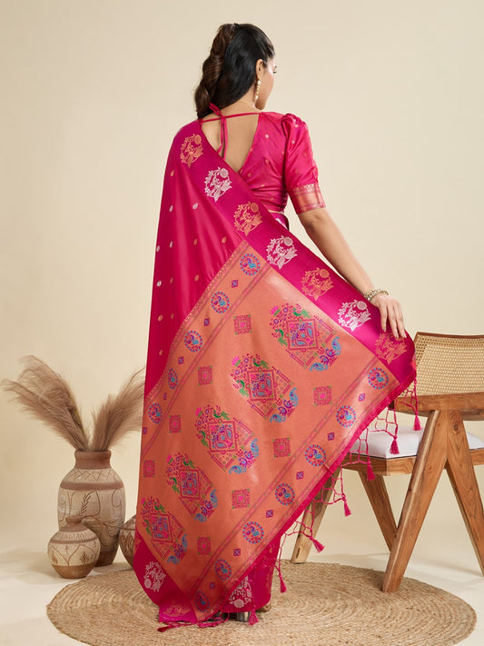 Pink Kanjivaram Silk Saree With Zari Weaving Butta Border & Designer Rich Paithani Pallu
