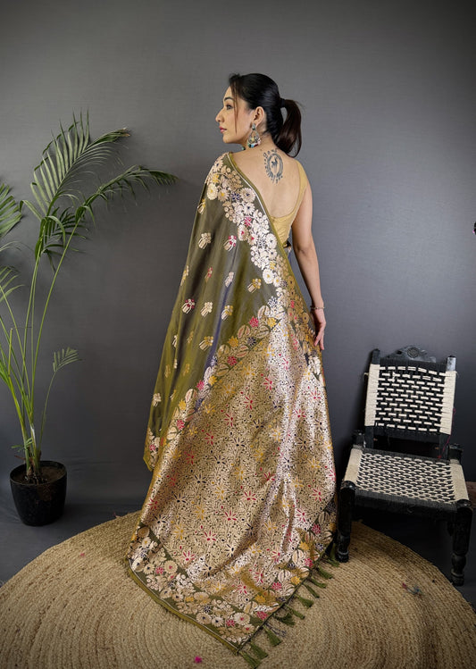 Mahendi Green Premium Banarasi Silk Saree With Meenakari Zari Weaving Work