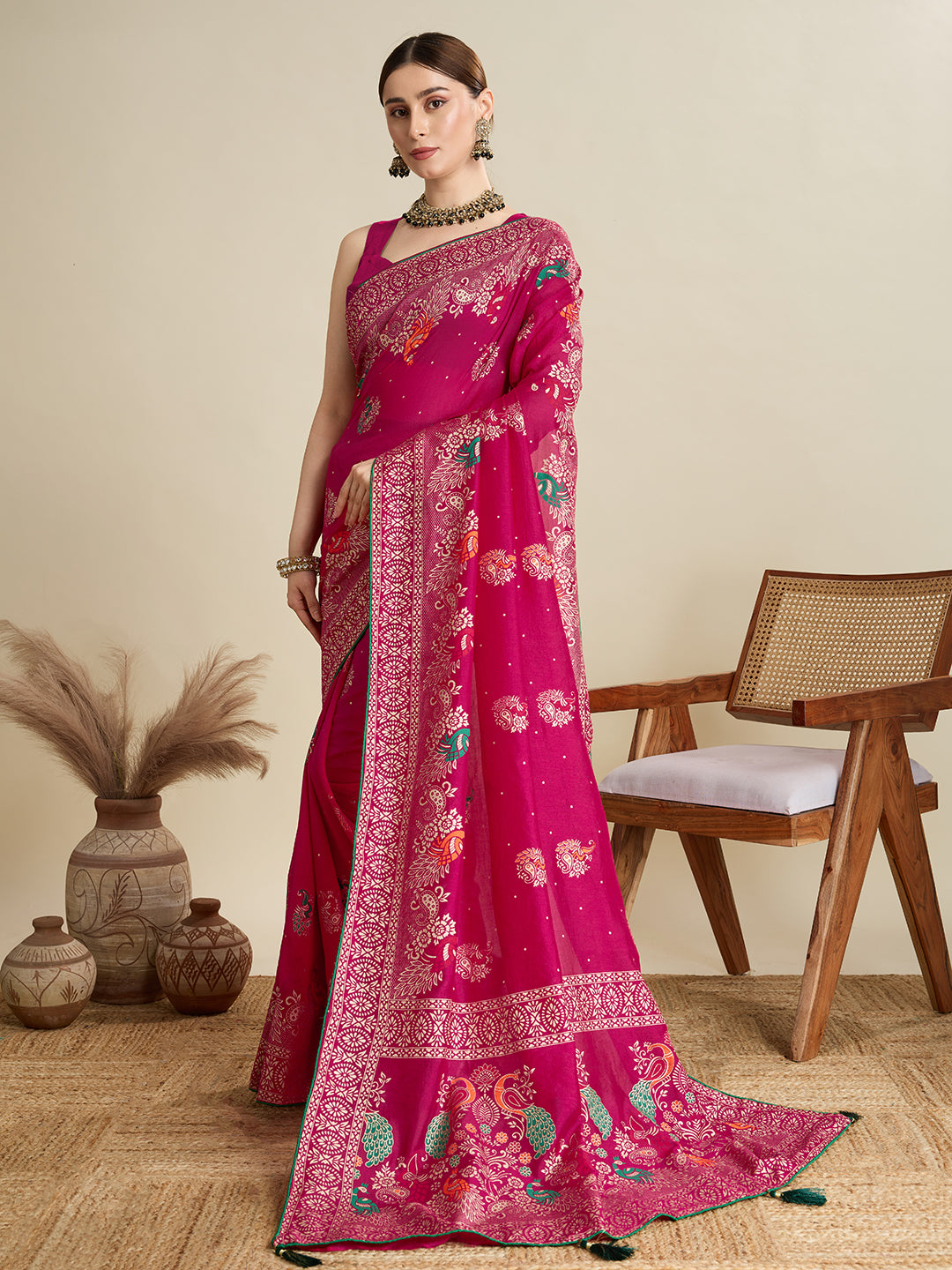 Pink Cotton Saree With Table Printed And Foil Work With Pipeing Border