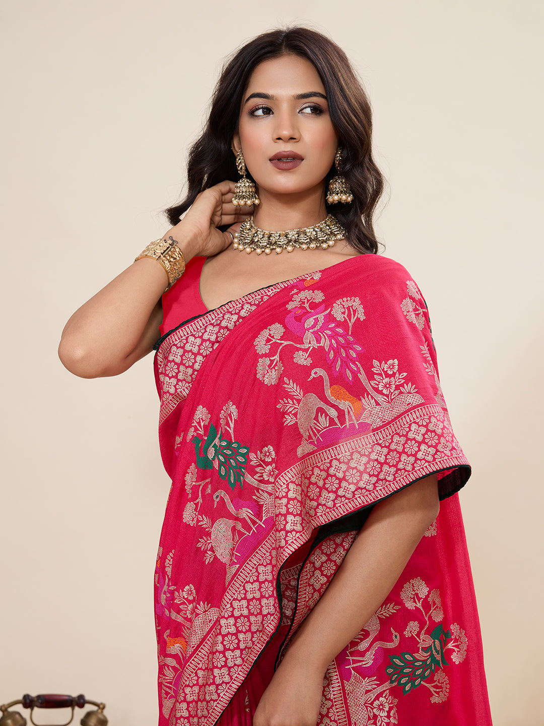 Gajari Cotton Saree With Table Printed And Foil Work With Pipeing Border