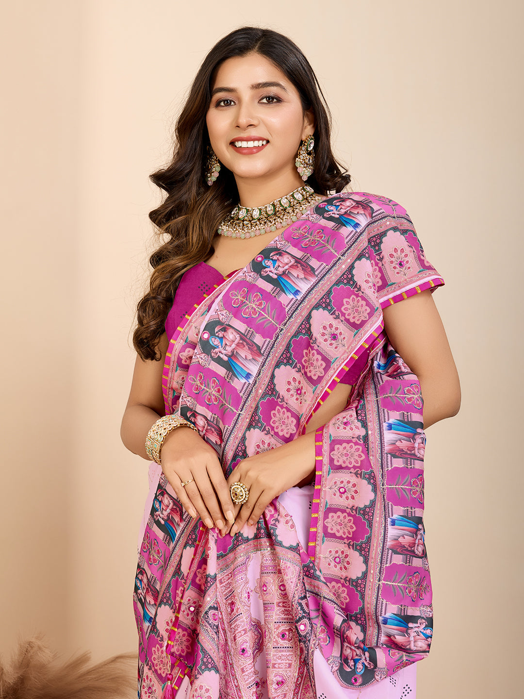 Pink Fancy Muslin Cotton Saree With Digital Printed Work