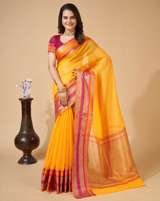 Yellow Color Kota Doriya Saree With Zari Weaving Work