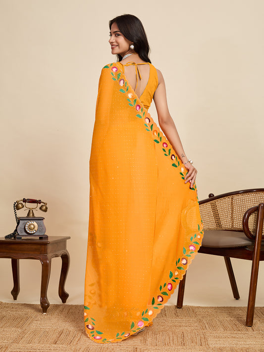 Yellow Color Georgette Saree With Brush Print And Siroski Work