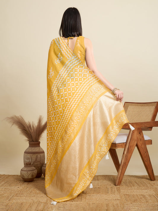 Yellow Batik Printed Soft Cotton Saree With Sequence Work