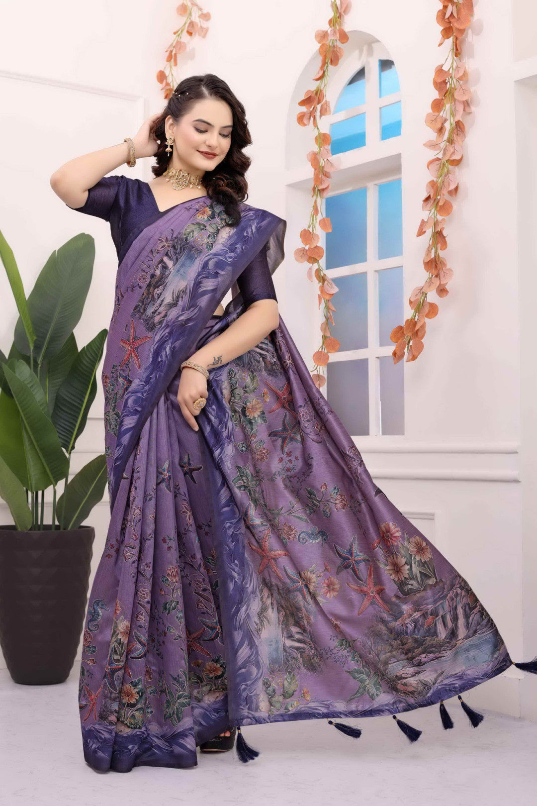 Lavender Kalamkari Printed Premium Tussar Silk Saree