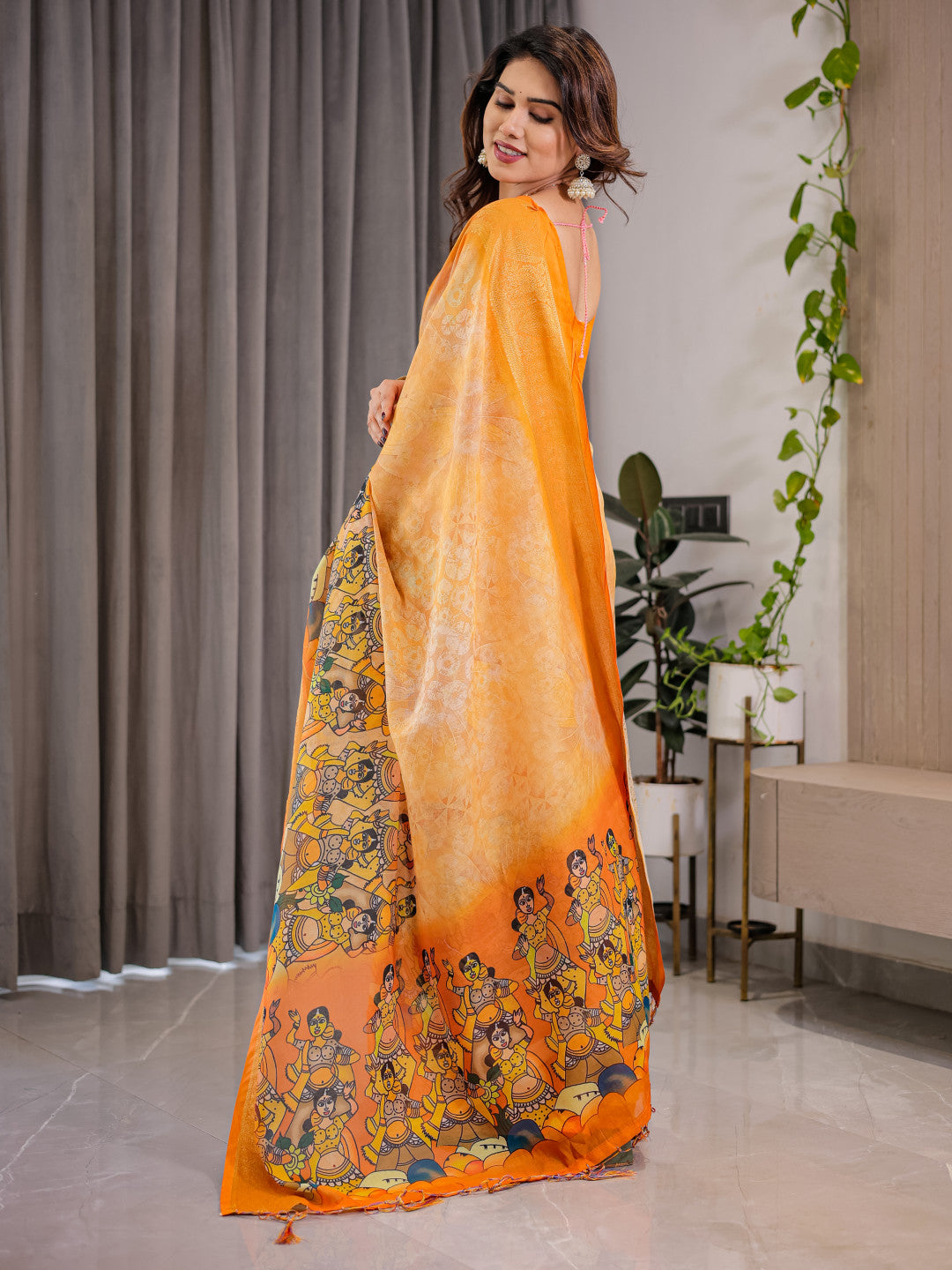 Kalamkari Digital Printed Linen Cotton Saree