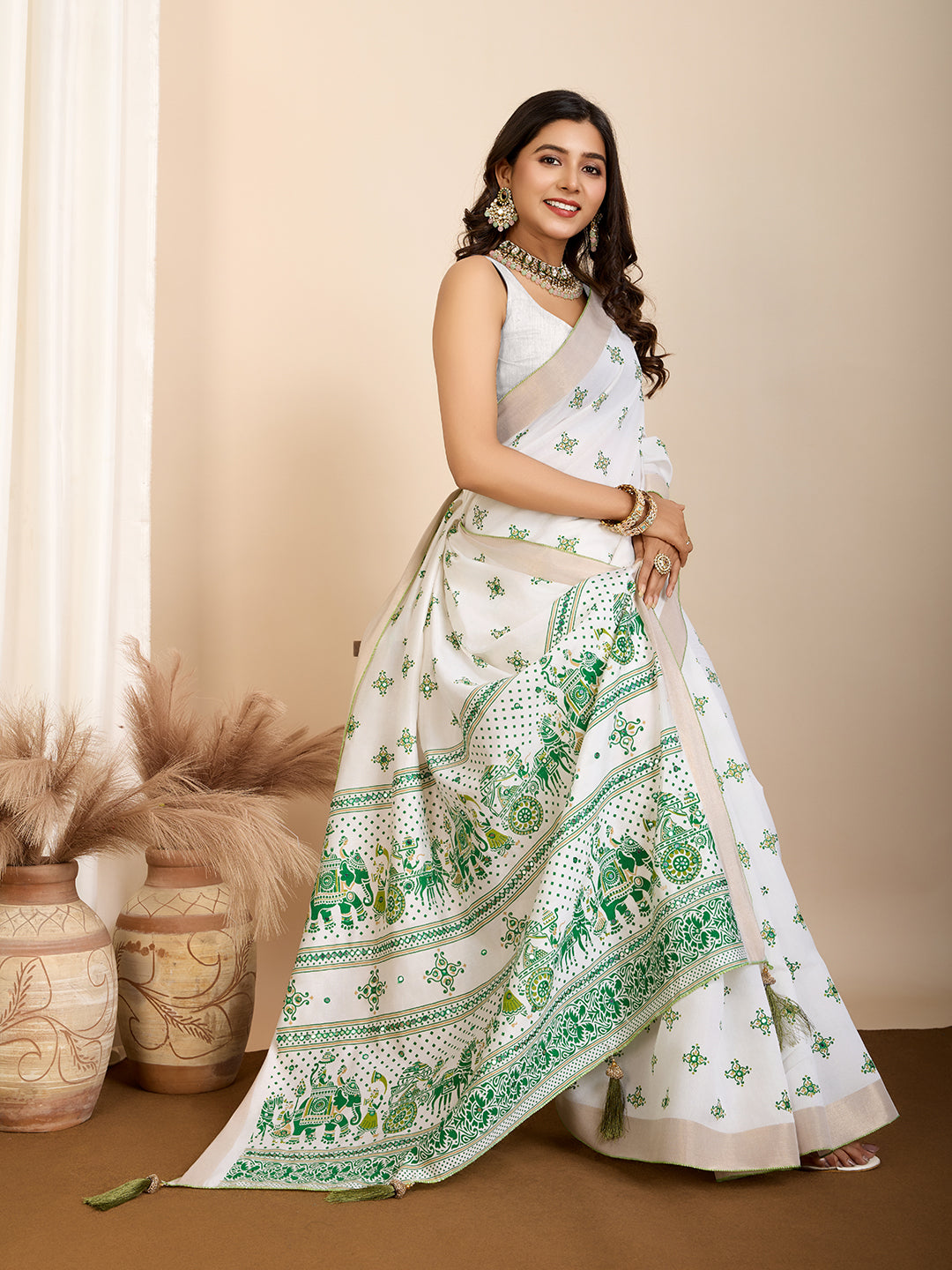 White Soft Cotton Saree With Printed Work