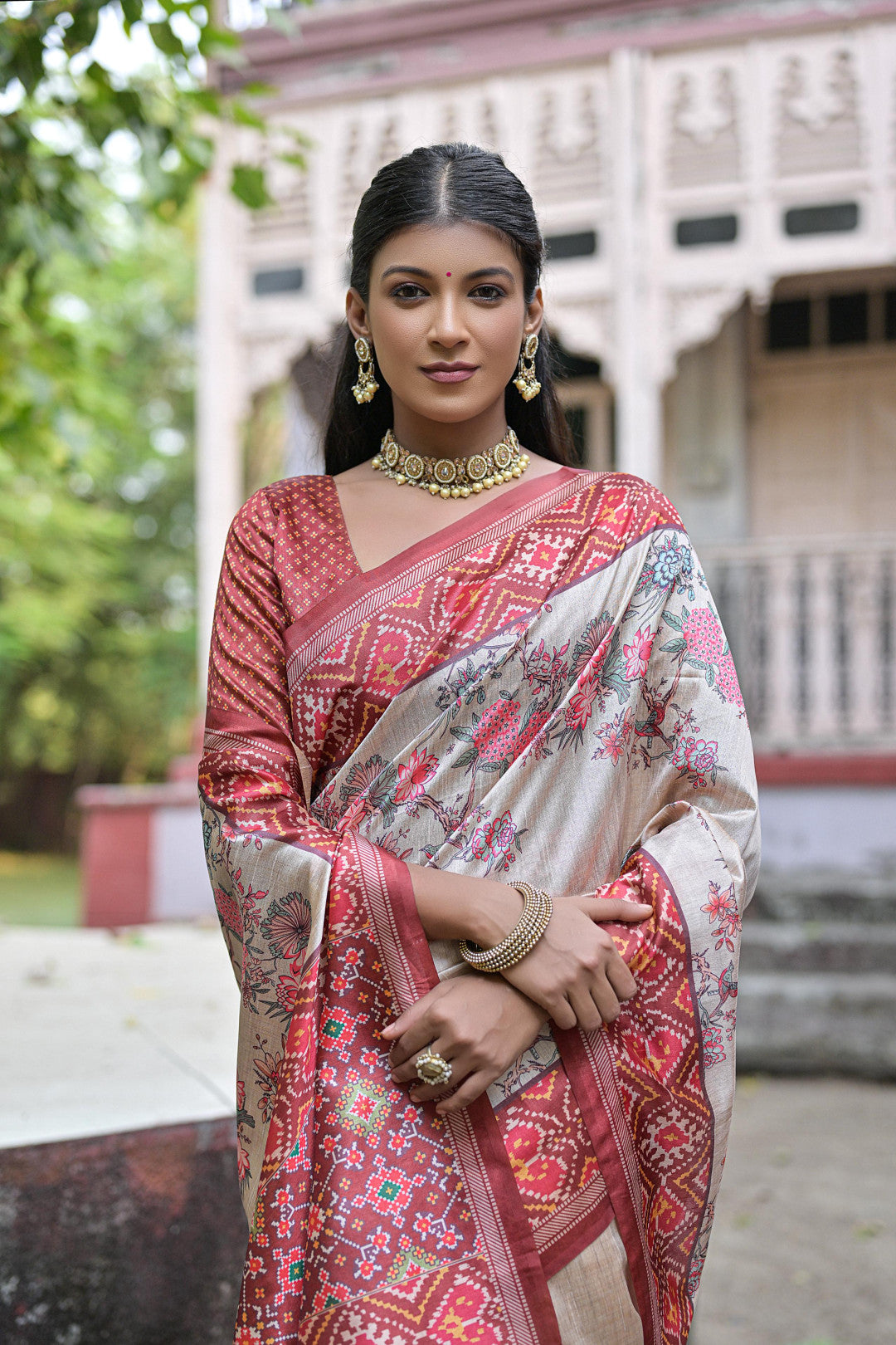 Brown Color Soft Tussar Silk Saree With Patola Printed Work