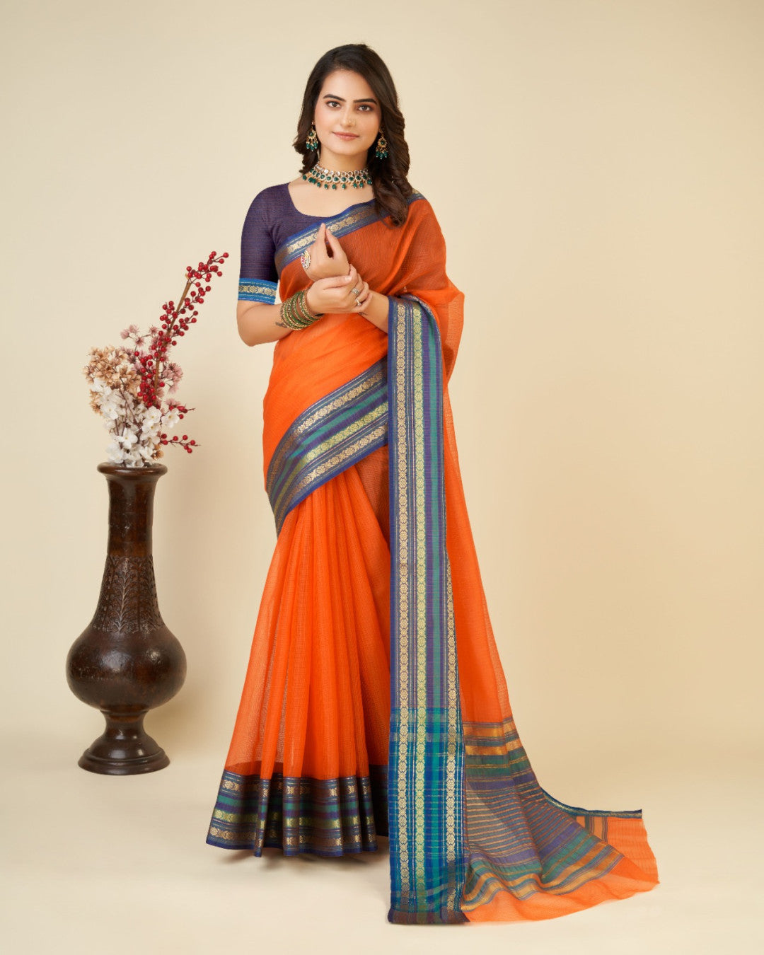 Orange Color Doriya Cotton Saree With Woven Design