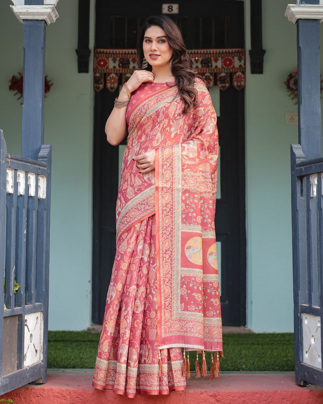Kalamkari Digital Printed Linen Cotton Saree