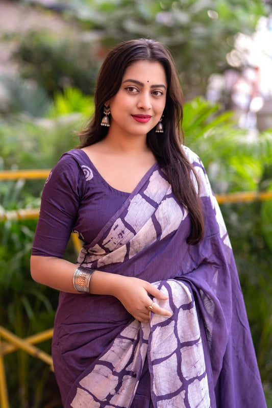 Purple Soft Cotton Saree With Batik Printed Work