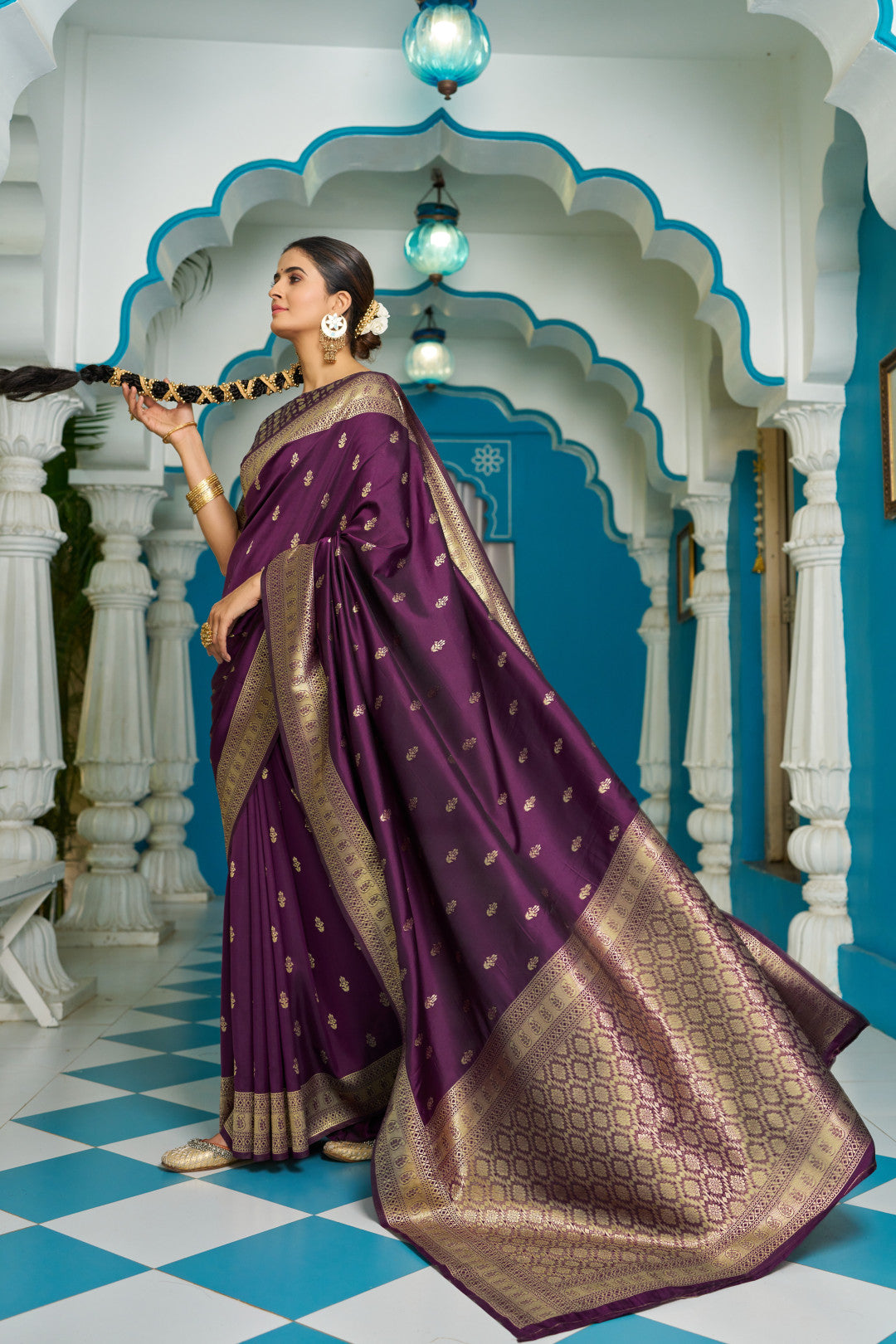Wine Banarasi Silk Blend Zari Woven Work
