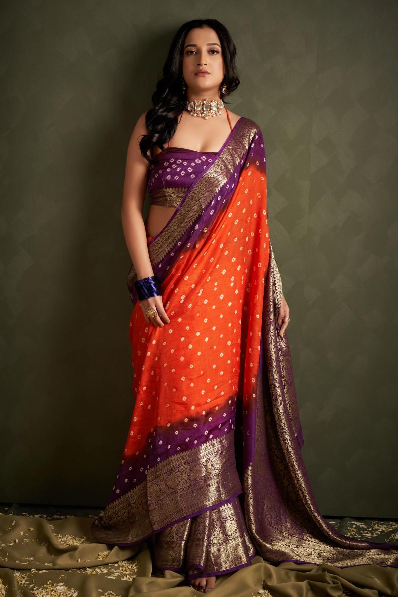 Hand Bandhej Bandhani Saree With Zari Border