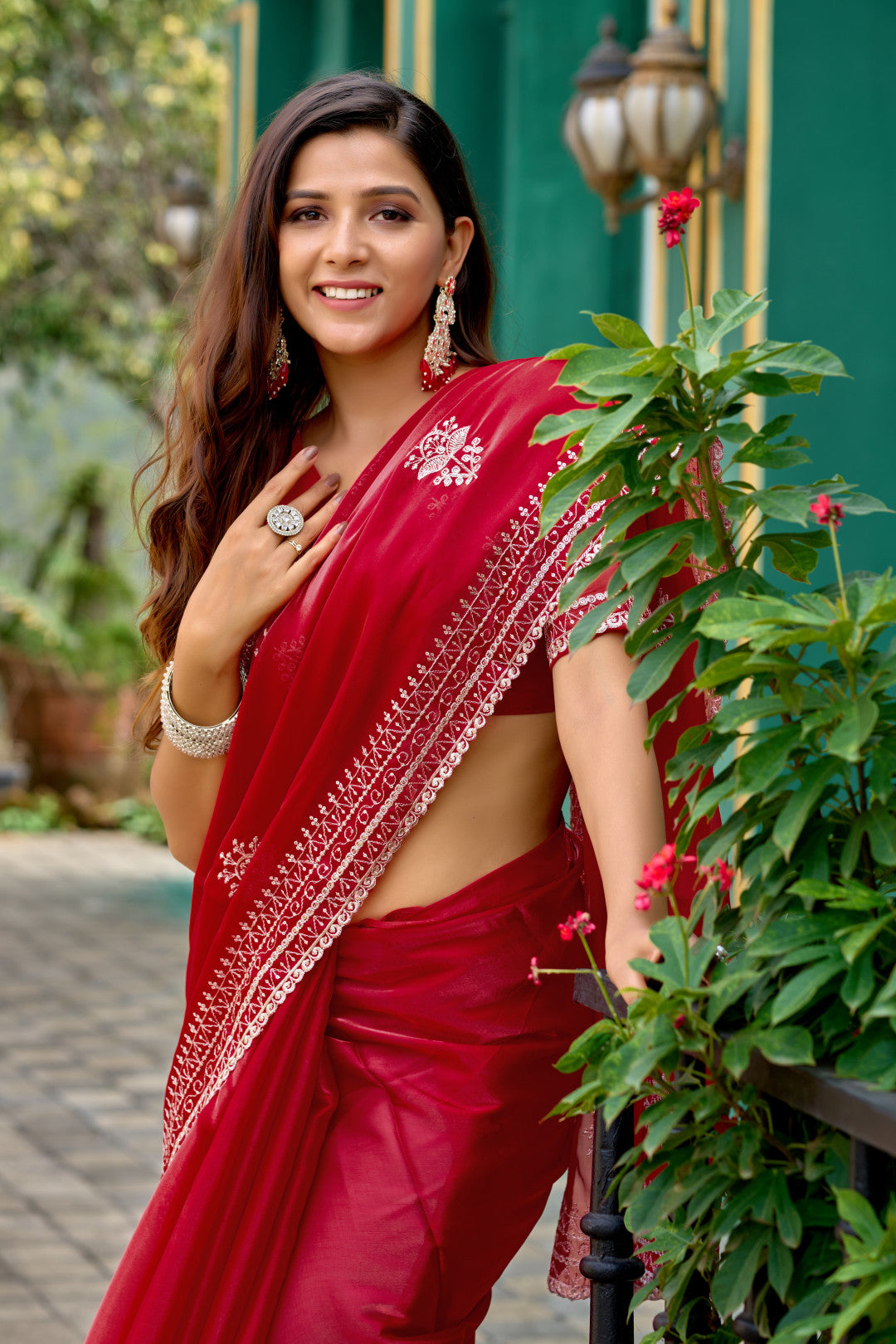 Red Fancy Shimmer Chiffon Saree With Embroidery Work