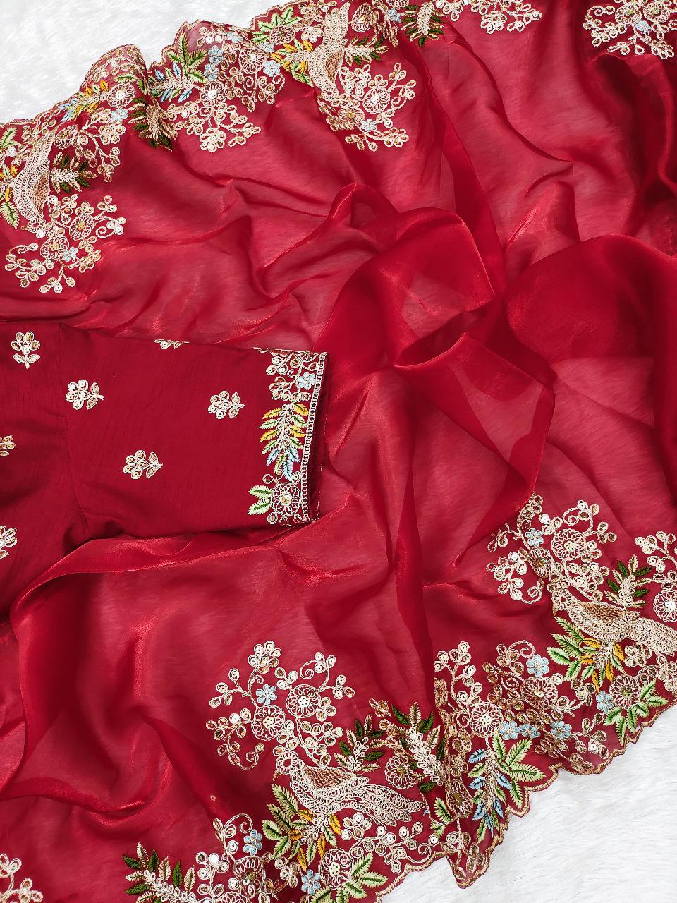 Red Fancy Jimmy Choo Silk Saree With Sequence And Embroidery Work